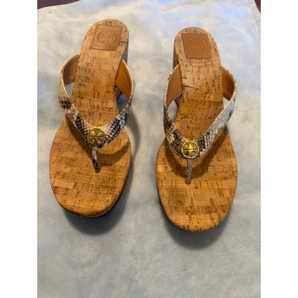 Tory Burch Miller Snakeskin Cork Wedge Sandals Platform Gold Logo Brown 10 1/2M